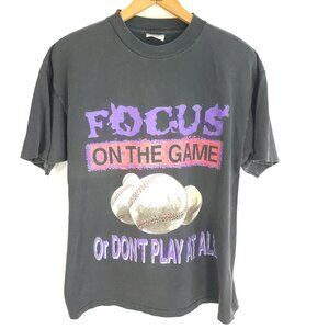 Vtg Baseball Focus on the Game Graphic T-Shirt Mens XL Black PowerPro Distressed